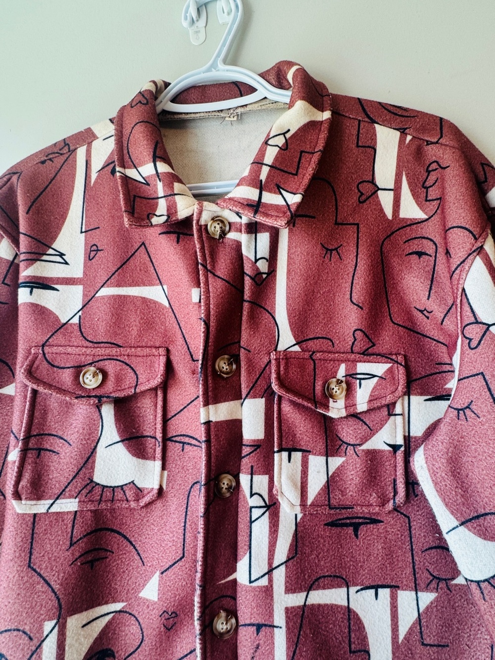 Button-Front Maroon Abstract Print Shirt Jacket - Picture 8 of 8